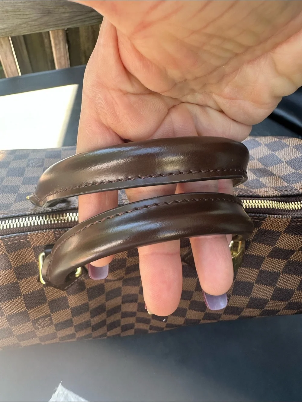 Louis Vuitton Brown Damier Ebene Check Tote with Gold Hardware